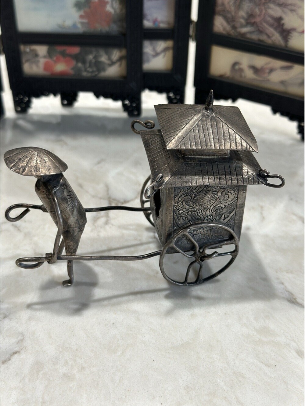 Antique or vintage miniature silver rickshaw and puller figurine 19th  mid-20th